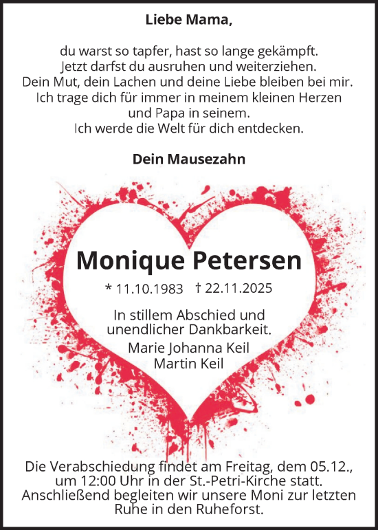 Traueranzeige von Monique Petersen von Flensburger Tageblatt