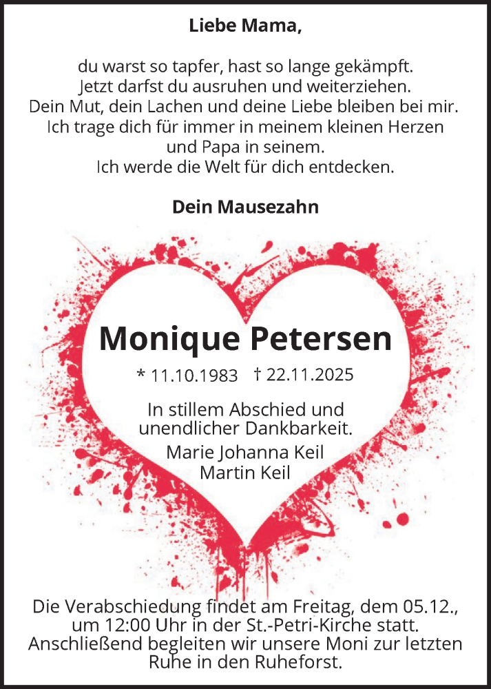  Traueranzeige für Monique Petersen vom 29.11.2025 aus Flensburger Tageblatt