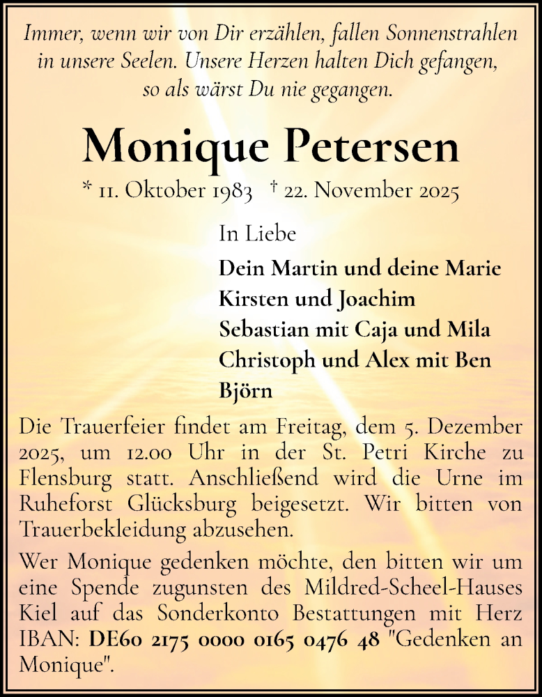  Traueranzeige für Monique Petersen vom 29.11.2025 aus Flensburger Tageblatt