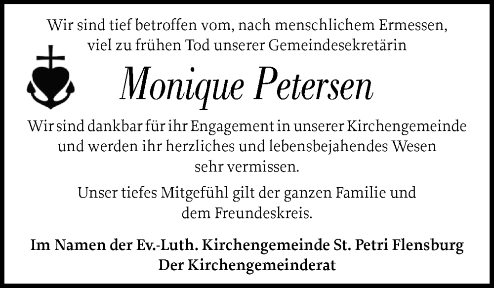  Traueranzeige für Monique Petersen vom 29.11.2025 aus Flensburger Tageblatt