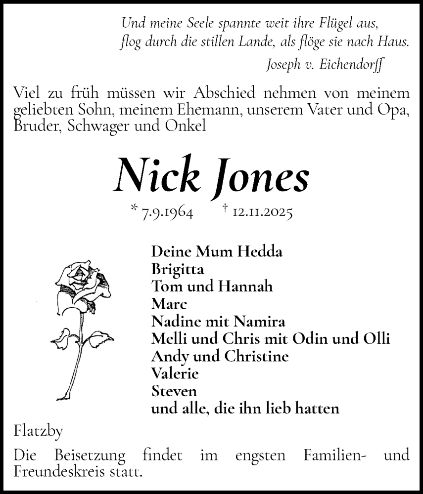  Traueranzeige für Nick Jones vom 15.11.2025 aus Flensburger Tageblatt