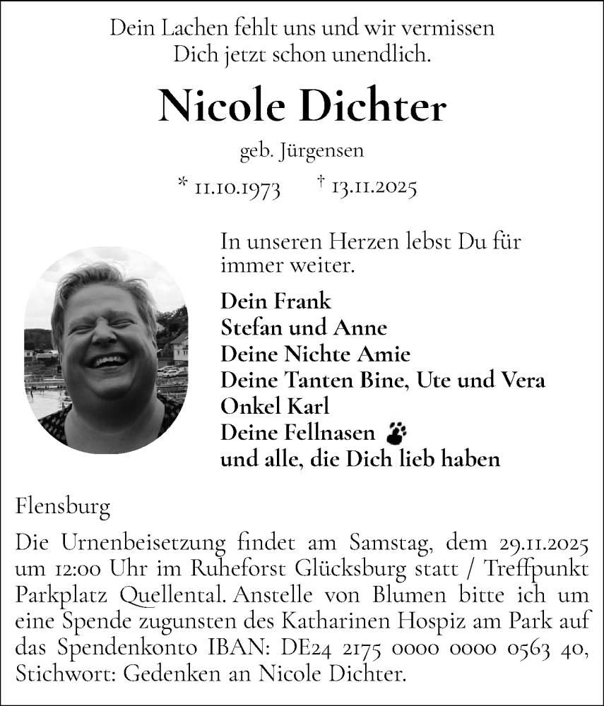  Traueranzeige für Nicole Dichter vom 22.11.2025 aus Flensburger Tageblatt