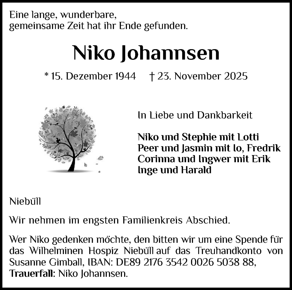  Traueranzeige für Niko Johannsen vom 28.11.2025 aus Husumer Nachrichten, Nordfriesland Tageblatt
