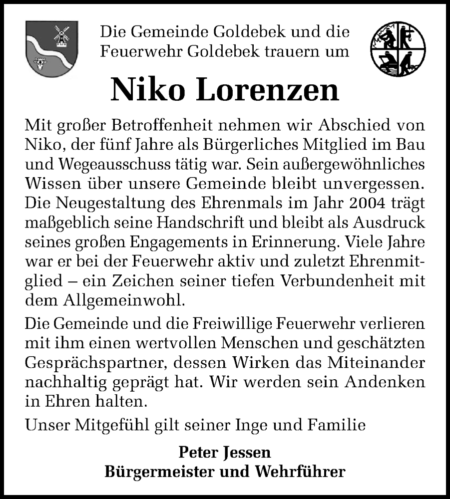  Traueranzeige für Niko Lorenzen vom 29.11.2025 aus Husumer Nachrichten, Nordfriesland Tageblatt