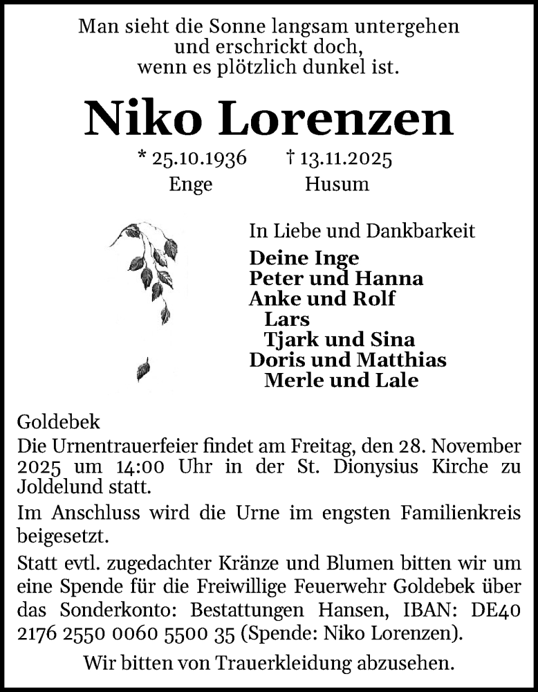  Traueranzeige für Niko Lorenzen vom 22.11.2025 aus Region Flensburg