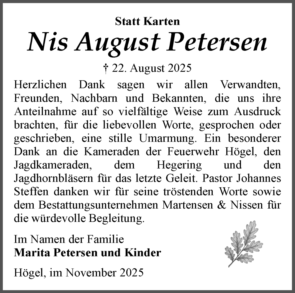  Traueranzeige für Nis August Petersen vom 15.11.2025 aus Husumer Nachrichten, Nordfriesland Tageblatt