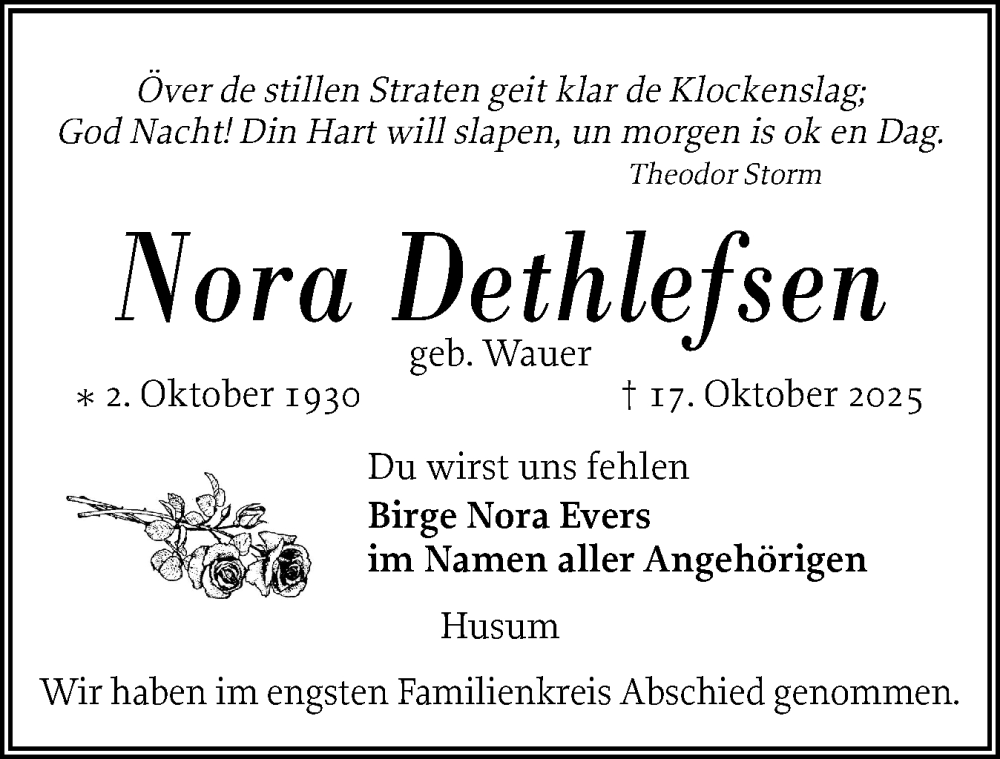  Traueranzeige für Nora Dethlefsen vom 08.11.2025 aus Husumer Nachrichten, Nordfriesland Tageblatt