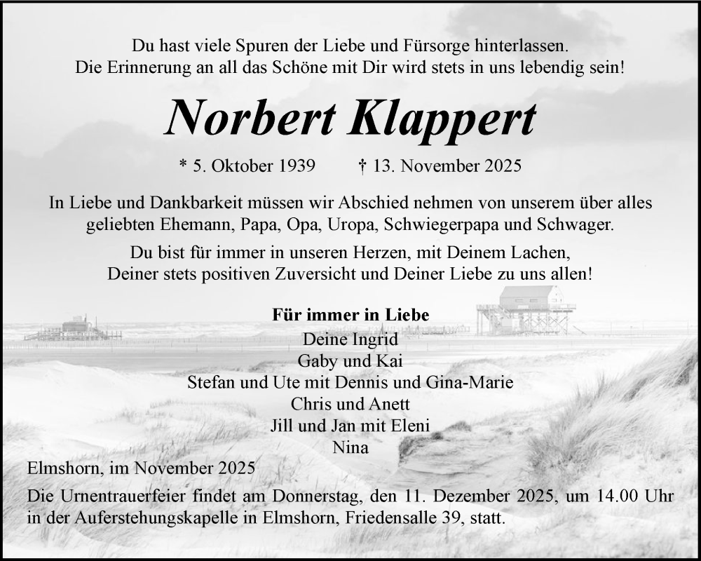  Traueranzeige für Norbert Klappert vom 29.11.2025 aus Elmshorner Nachrichten, Barmstedter Zeitung