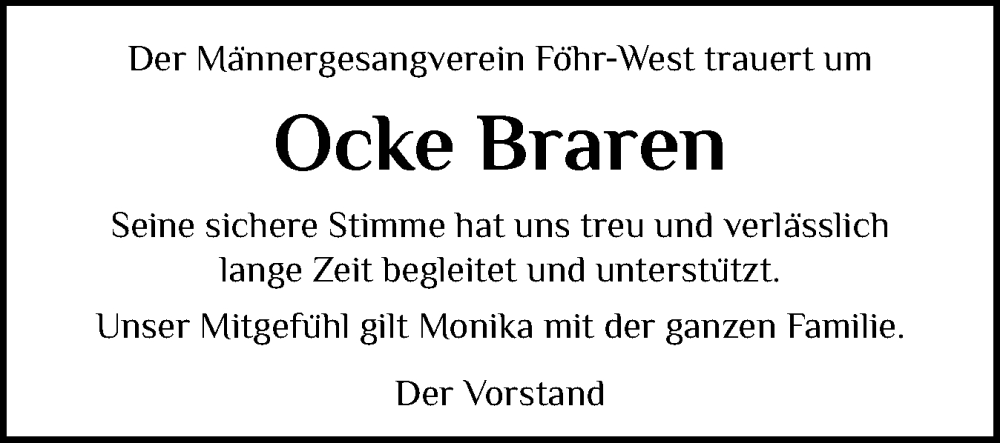  Traueranzeige für Ocke Braren vom 19.11.2025 aus Der Insel-Bote
