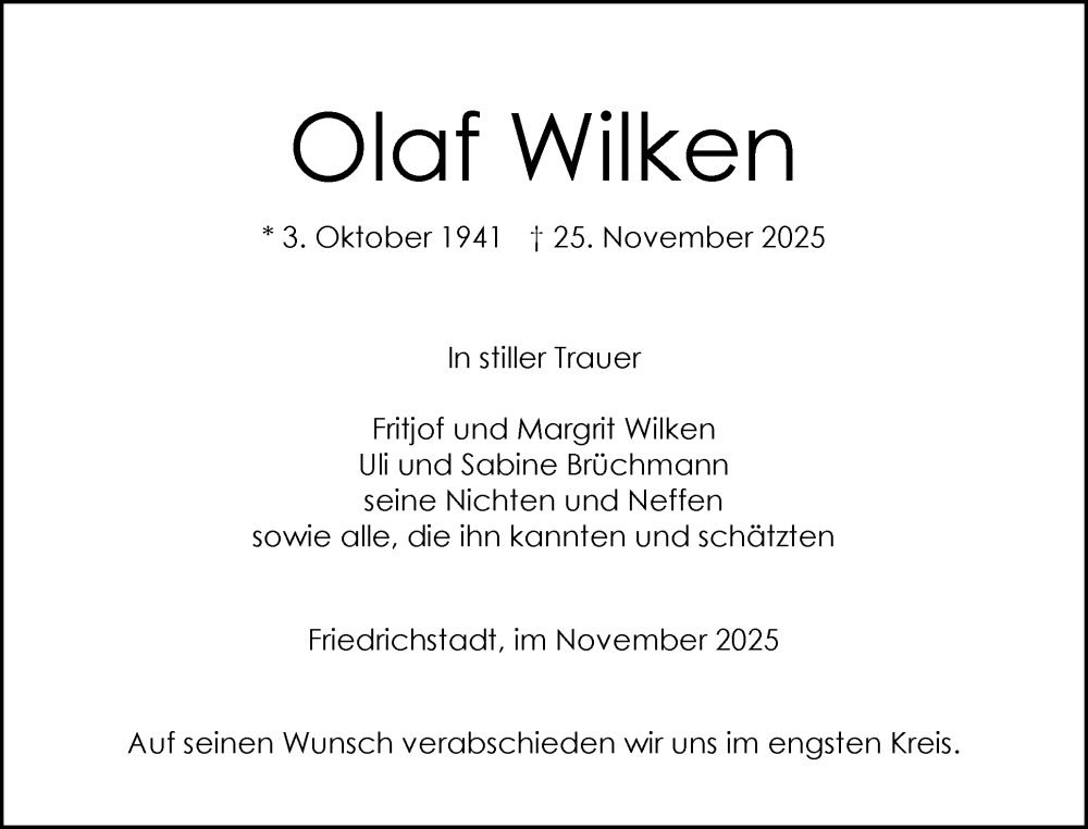  Traueranzeige für Olaf Wilken vom 29.11.2025 aus Husumer Nachrichten, Nordfriesland Tageblatt