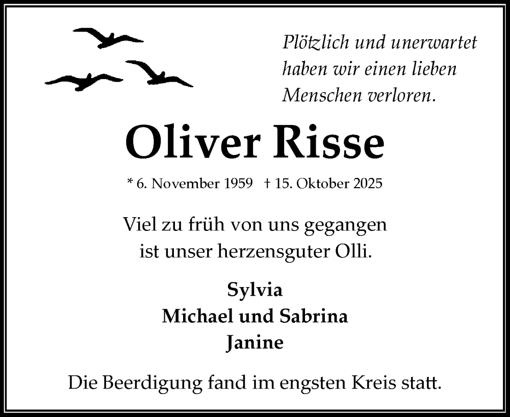  Traueranzeige für Oliver Risse vom 08.11.2025 aus MARKT Bad Oldesloe/Reinfeld und Stormarner Tageblatt