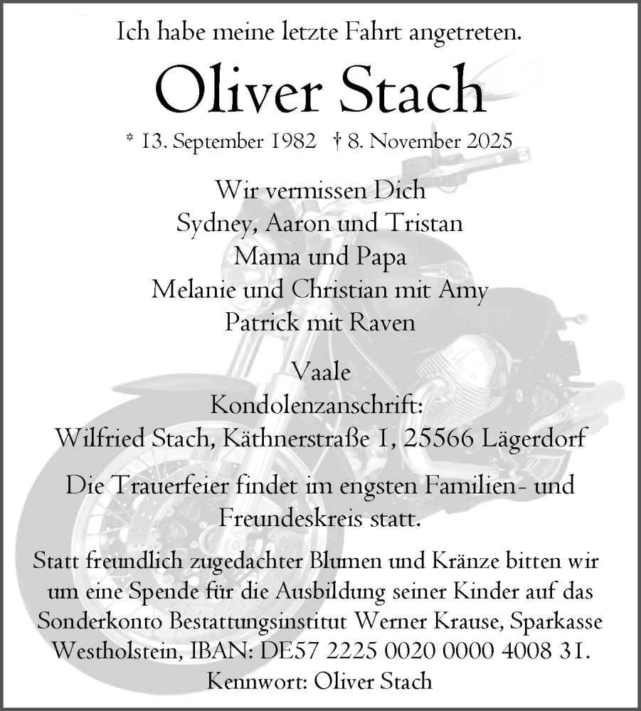  Traueranzeige für Oliver Stach vom 15.11.2025 aus Norddeutsche Rundschau, Wilstersche Zeitung, Glückstädter Fortuna