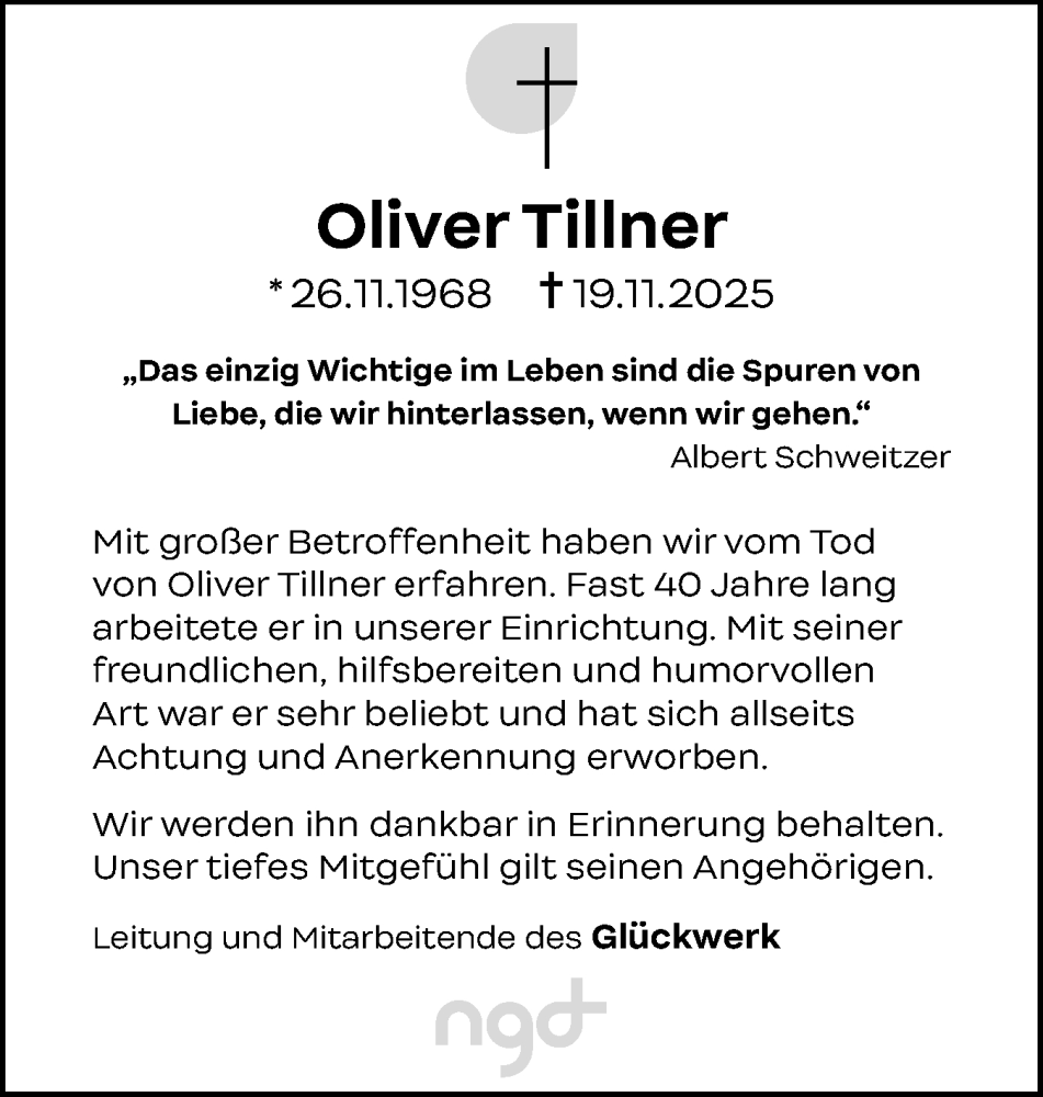  Traueranzeige für Oliver Tillner vom 29.11.2025 aus Norddeutsche Rundschau, Wilstersche Zeitung, Glückstädter Fortuna