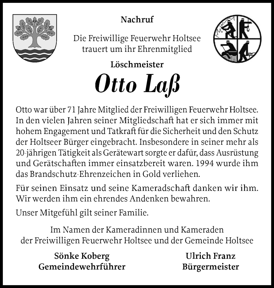  Traueranzeige für Otto Laß vom 15.11.2025 aus Eckernförder Zeitung