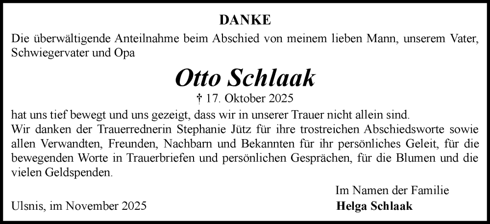  Traueranzeige für Otto Schlaak vom 22.11.2025 aus Schleswiger Nachrichten, Schlei-Bote