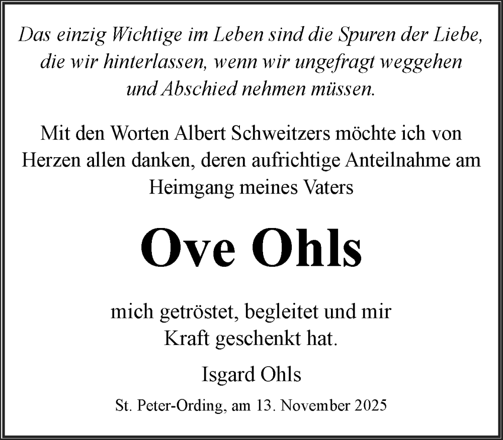 Traueranzeige für Ove Ohls vom 13.11.2025 aus Husumer Nachrichten, Nordfriesland Tageblatt