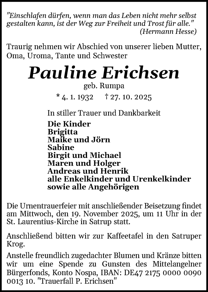 Traueranzeige für Pauline Erichsen vom 08.11.2025 aus Die WochenSchau Gesamtausgabe