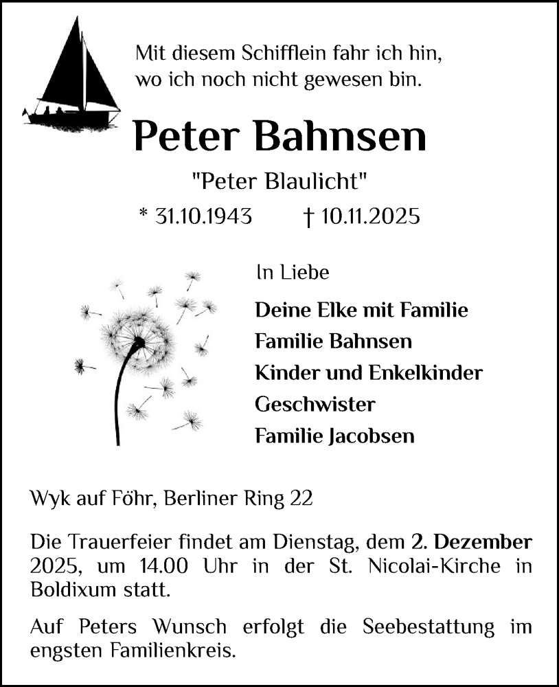  Traueranzeige für Peter Bahnsen vom 22.11.2025 aus Der Insel-Bote
