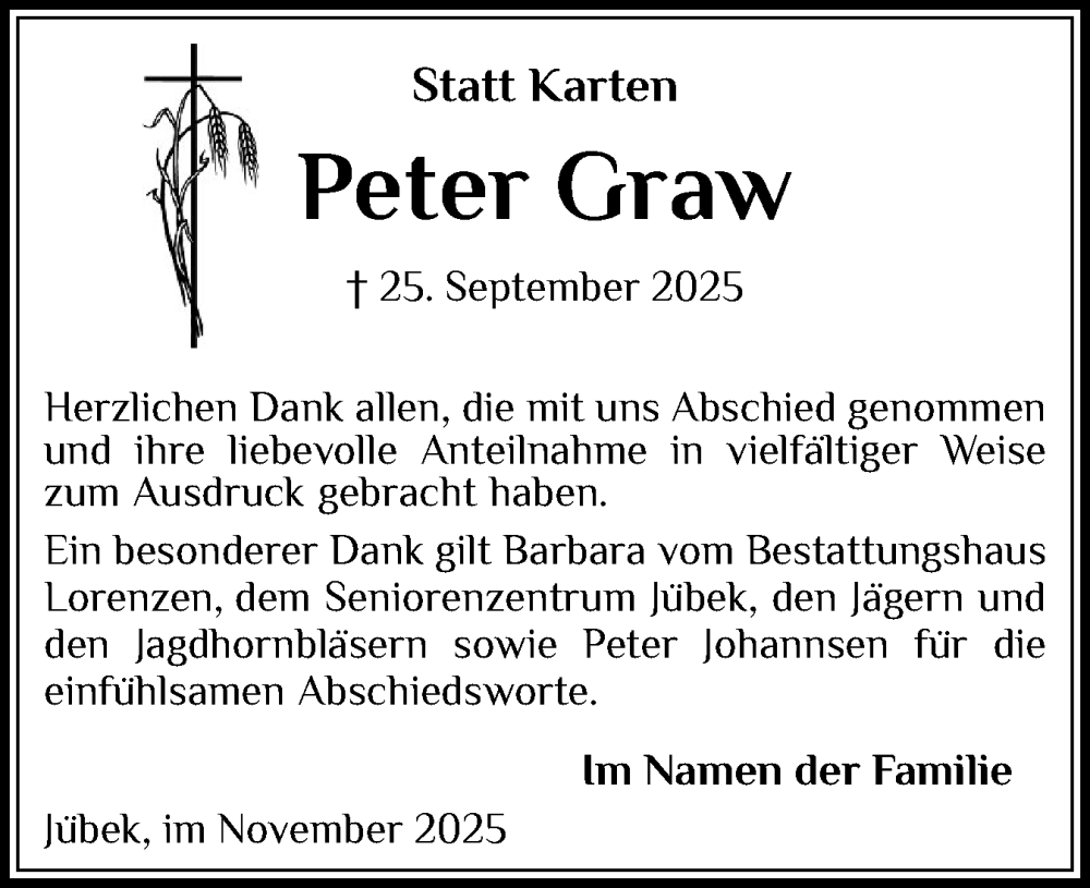  Traueranzeige für Peter Graw vom 08.11.2025 aus Region Flensburg