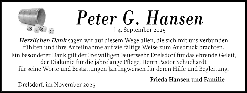  Traueranzeige für Peter Hansen vom 06.11.2025 aus Husumer Nachrichten, Nordfriesland Tageblatt