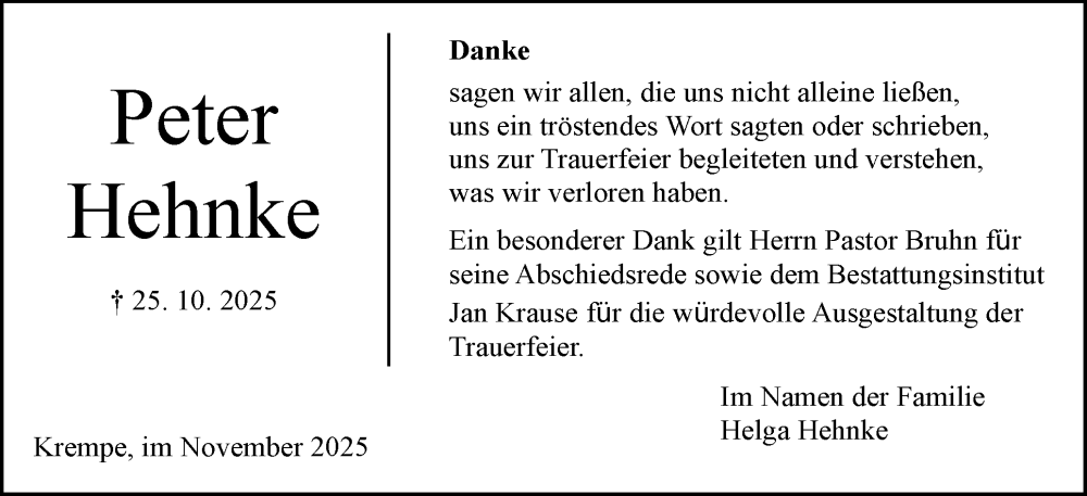  Traueranzeige für Peter Hehnke vom 29.11.2025 aus Norddeutsche Rundschau, Wilstersche Zeitung, Glückstädter Fortuna