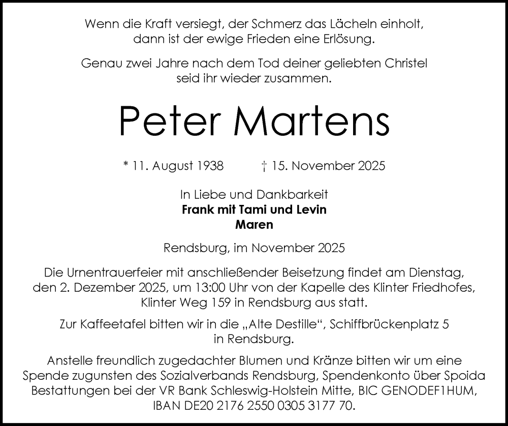 Traueranzeige für Peter Martens vom 22.11.2025 aus Schleswig-Holsteinische Landeszeitung