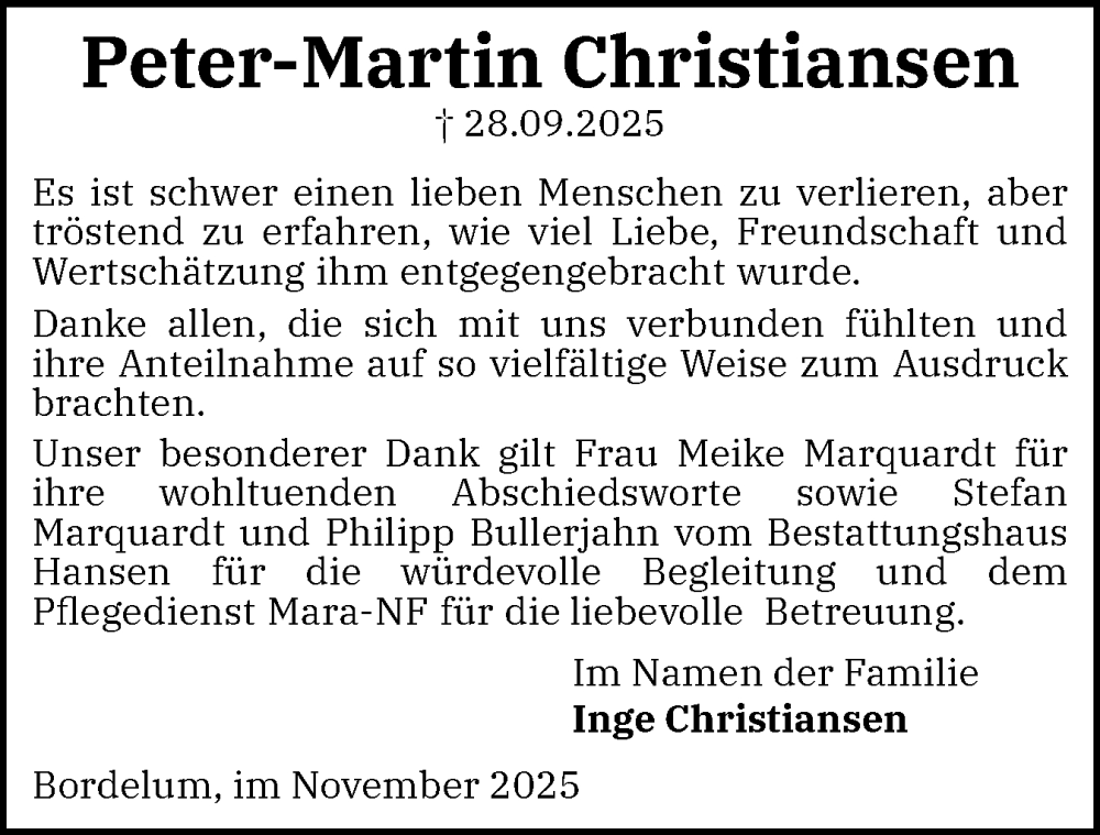  Traueranzeige für Peter-Martin Christiansen vom 08.11.2025 aus Husumer Nachrichten, Nordfriesland Tageblatt