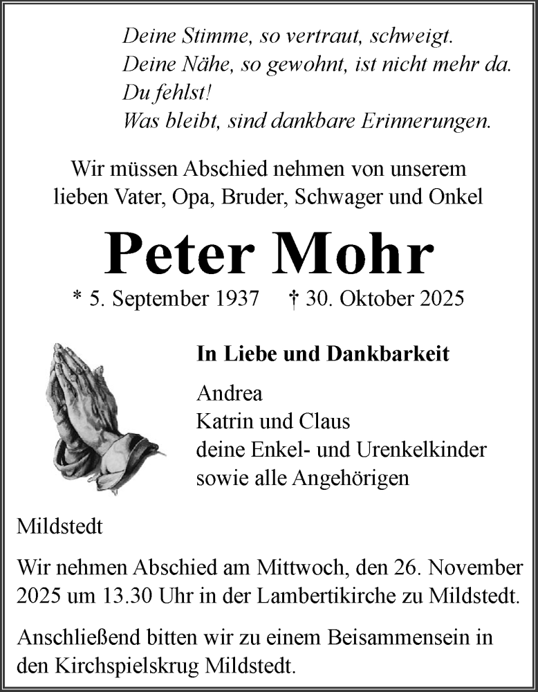  Traueranzeige für Peter Mohr vom 19.11.2025 aus Husumer Nachrichten, Nordfriesland Tageblatt