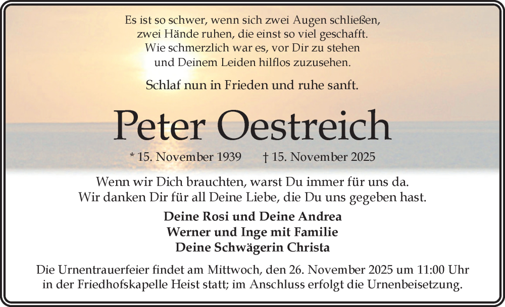  Traueranzeige für Peter Oestreich vom 22.11.2025 aus Uetersener Nachrichten, Der tip am Wochenende