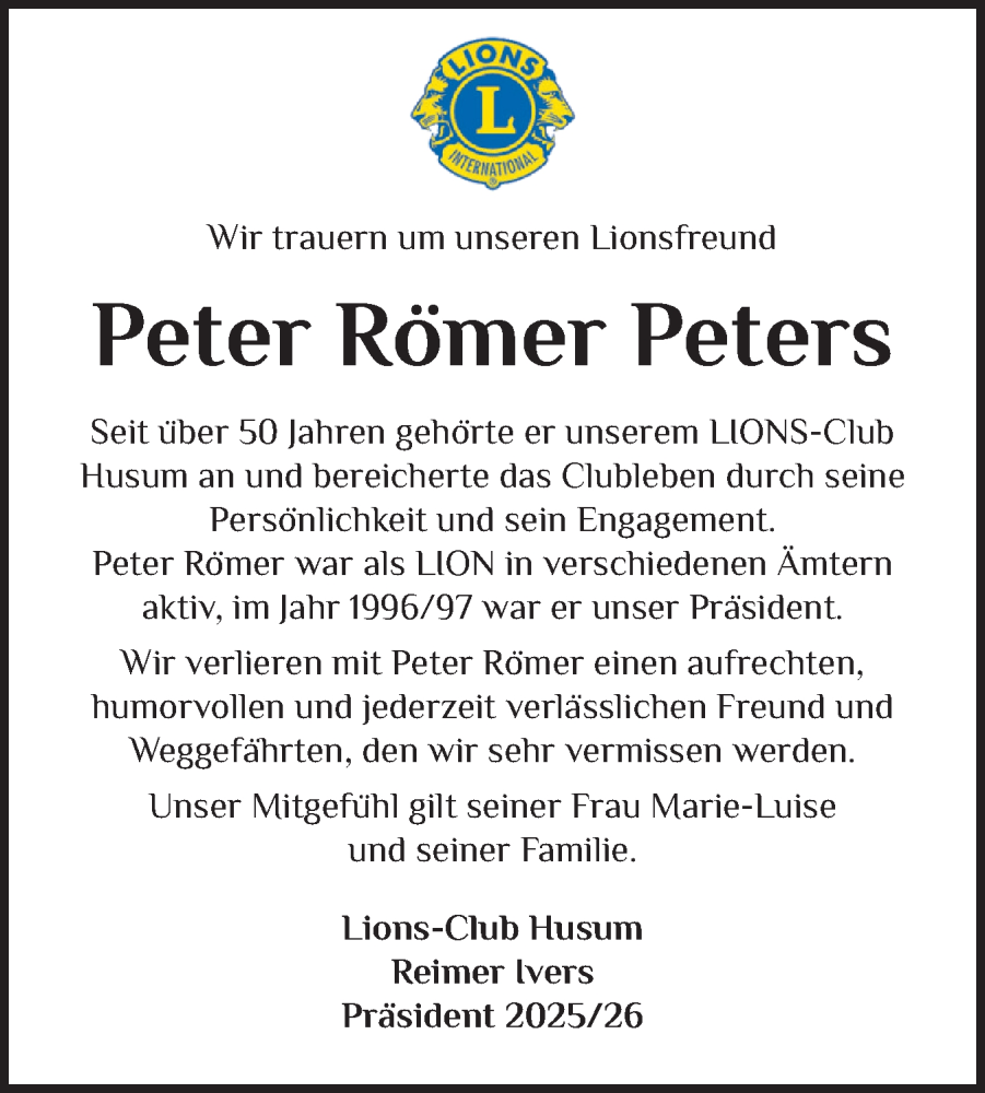  Traueranzeige für Peter Römer vom 21.11.2025 aus Husumer Nachrichten, Nordfriesland Tageblatt