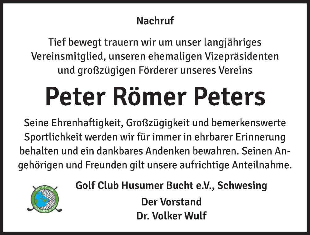  Traueranzeige für Peter Römer Peters vom 21.11.2025 aus Husumer Nachrichten, Nordfriesland Tageblatt