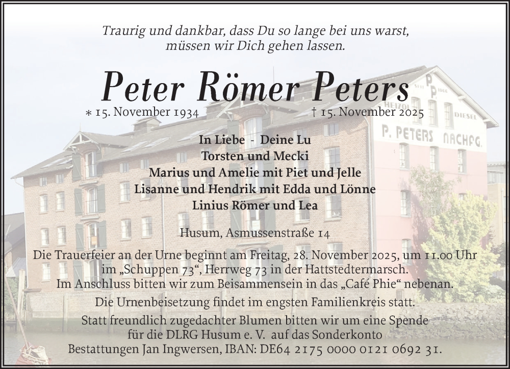  Traueranzeige für Peter Römer Peters vom 21.11.2025 aus Husumer Nachrichten, Nordfriesland Tageblatt