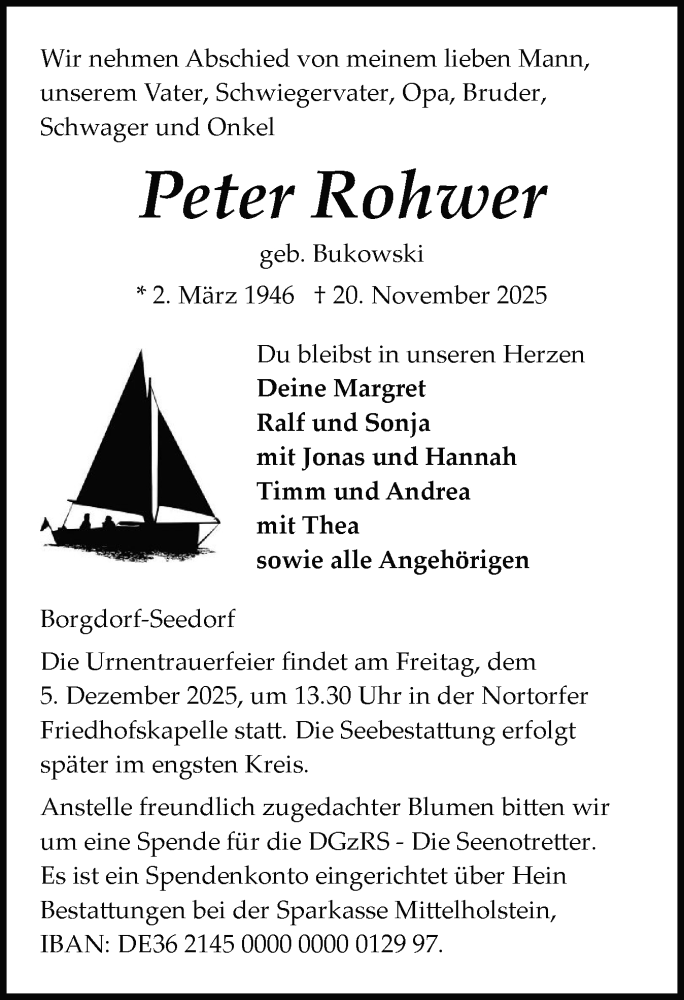  Traueranzeige für Peter Rohwer vom 29.11.2025 aus Schleswig-Holsteinische Landeszeitung