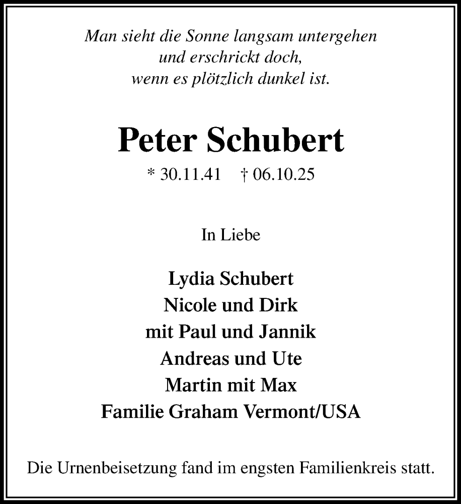  Traueranzeige für Peter Schubert vom 08.11.2025 aus Wochenend Anzeiger
