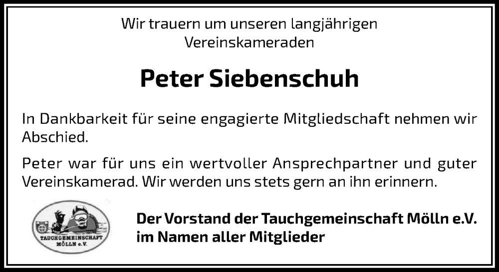  Traueranzeige für Peter Siebenschuh vom 15.11.2025 aus MARKT Ratzeburg/Mölln