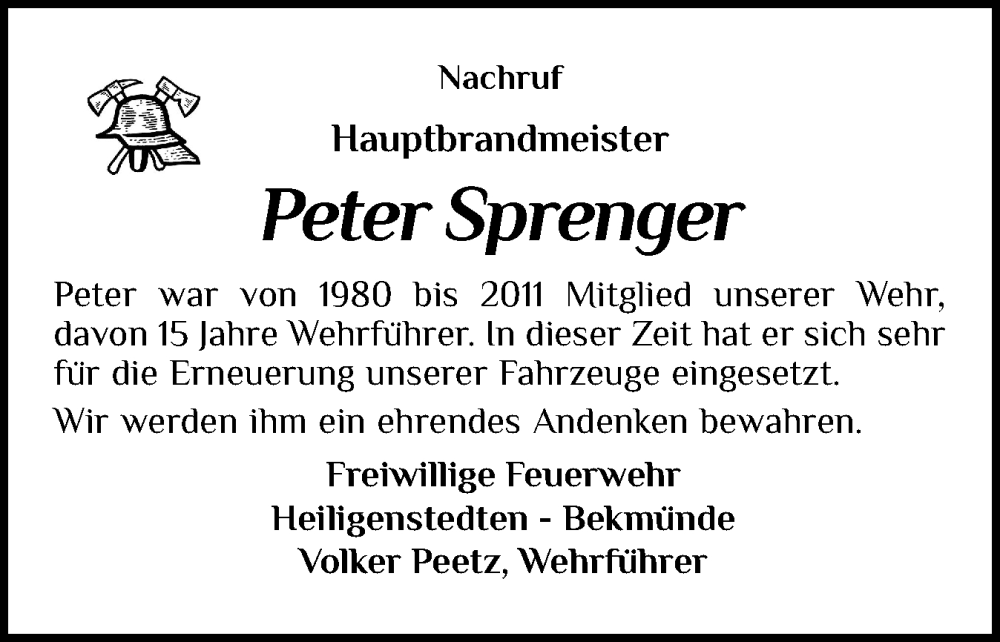  Traueranzeige für Peter Sprenger vom 22.11.2025 aus Norddeutsche Rundschau, Wilstersche Zeitung, Glückstädter Fortuna