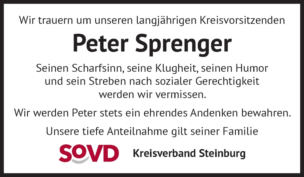 Traueranzeige für Peter Sprenger vom 21.11.2025 aus Norddeutsche Rundschau, Wilstersche Zeitung, Glückstädter Fortuna