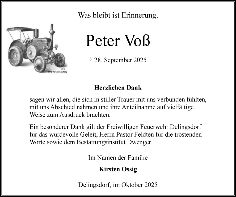  Traueranzeige für Peter Voß vom 22.11.2025 aus MARKT Ahrensburg/Bargteheide/Trittau und Stormarner Tageblatt