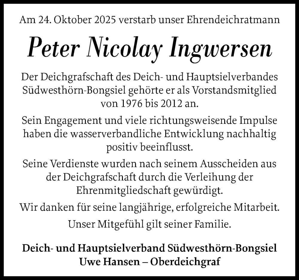  Traueranzeige für Peter Nicolay Ingwersen vom 05.11.2025 aus Husumer Nachrichten, Nordfriesland Tageblatt