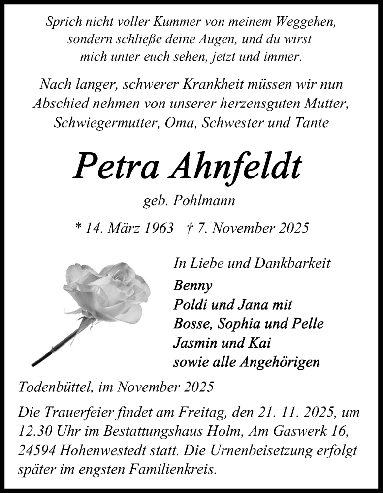  Traueranzeige für Petra Ahnfeldt vom 15.11.2025 aus Schleswig-Holsteinische Landeszeitung