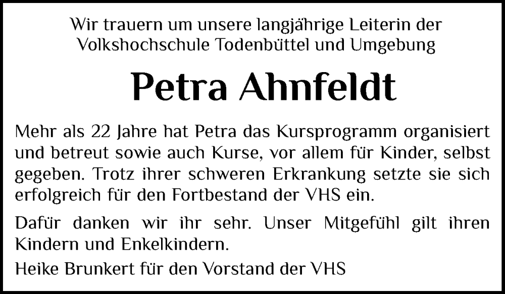  Traueranzeige für Petra Ahnfeldt vom 15.11.2025 aus Schleswig-Holsteinische Landeszeitung