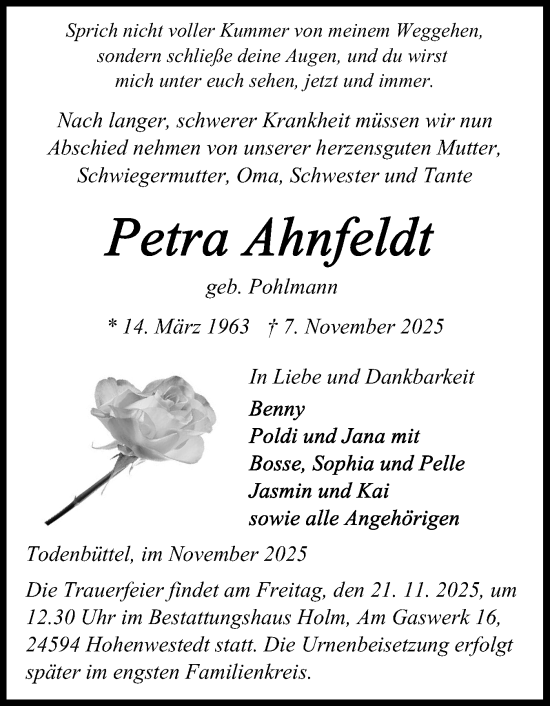 Traueranzeige von Petra Ahnfeldt von Schleswig-Holsteinische Landeszeitung