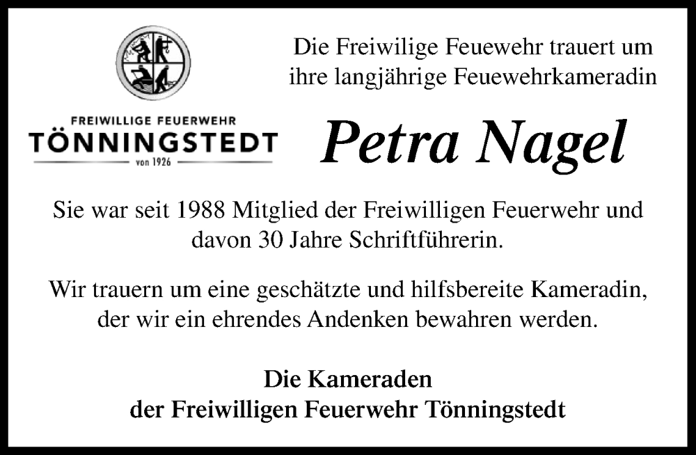  Traueranzeige für Petra Nagel vom 22.11.2025 aus MARKT Ahrensburg/Bargteheide/Trittau und Stormarner Tageblatt