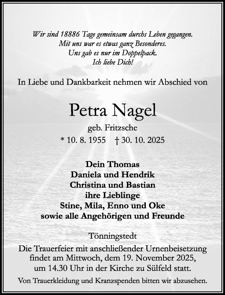  Traueranzeige für Petra Nagel vom 15.11.2025 aus MARKT Ahrensburg/Bargteheide/Trittau und Stormarner Tageblatt