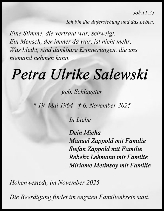 Traueranzeige von Petra Ulrike Salewski von Schleswig-Holsteinische Landeszeitung