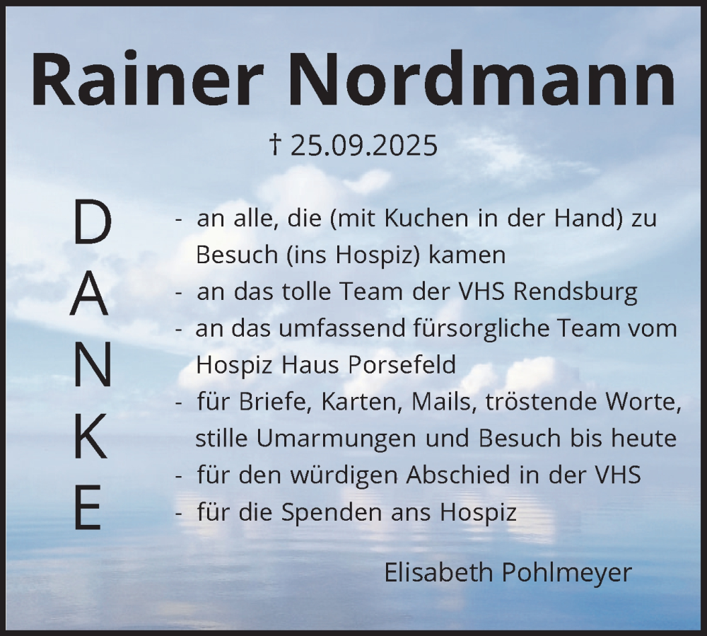  Traueranzeige für Rainer Nordmann vom 15.11.2025 aus Schleswig-Holsteinische Landeszeitung