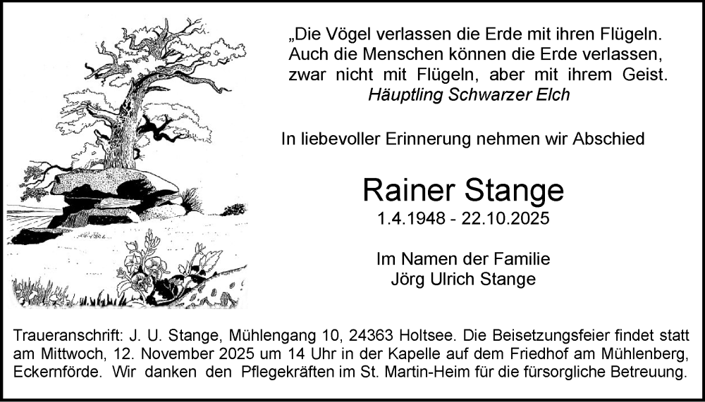  Traueranzeige für Rainer Stange vom 08.11.2025 aus Eckernförder Zeitung, Hallo Eckernförde
