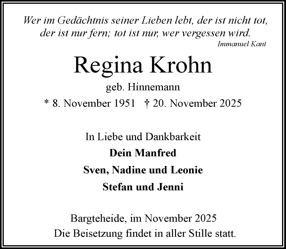  Traueranzeige für Regina Krohn vom 29.11.2025 aus MARKT Ahrensburg/Bargteheide/Trittau und Stormarner Tageblatt