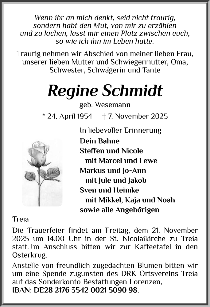  Traueranzeige für Regine Schmidt vom 15.11.2025 aus Region Flensburg