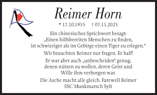 Traueranzeige von Reimer Horn von Sylter Rundschau